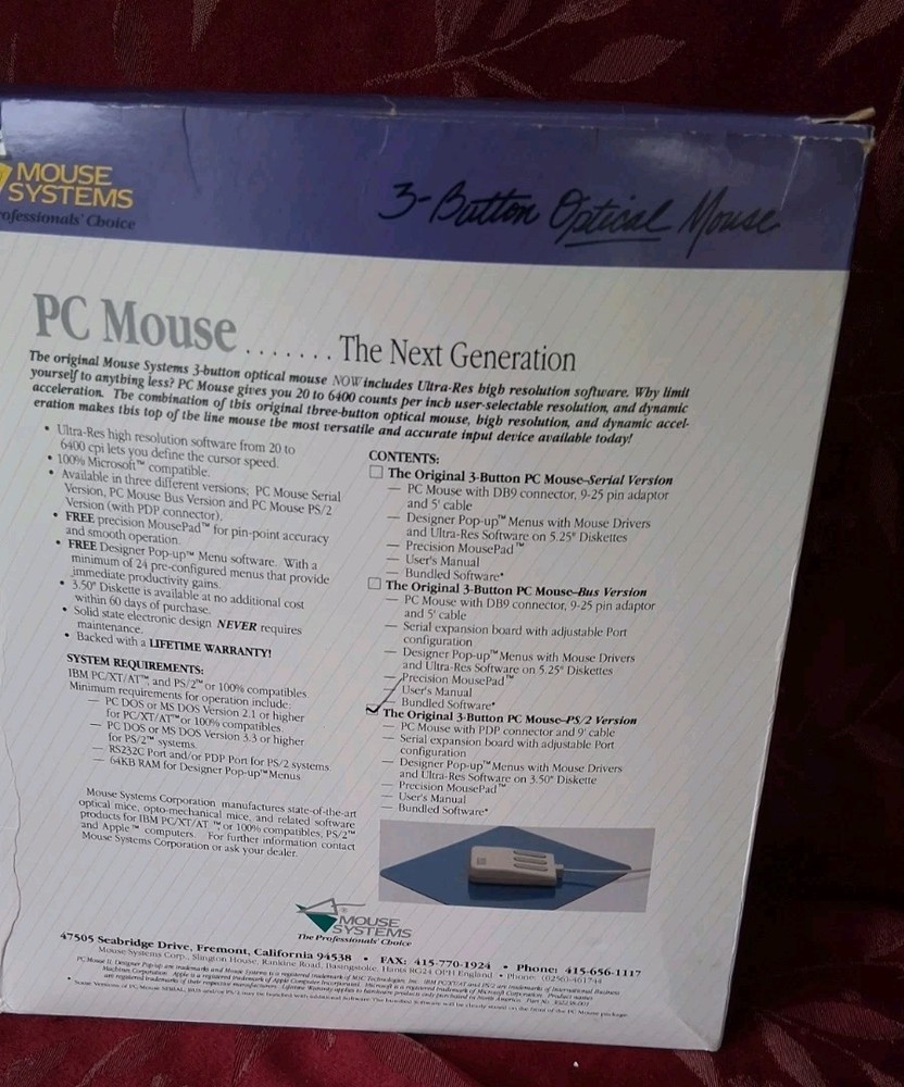 Mouse Systems PC Mouse Optical 3 Button Mouse PC Paint plus