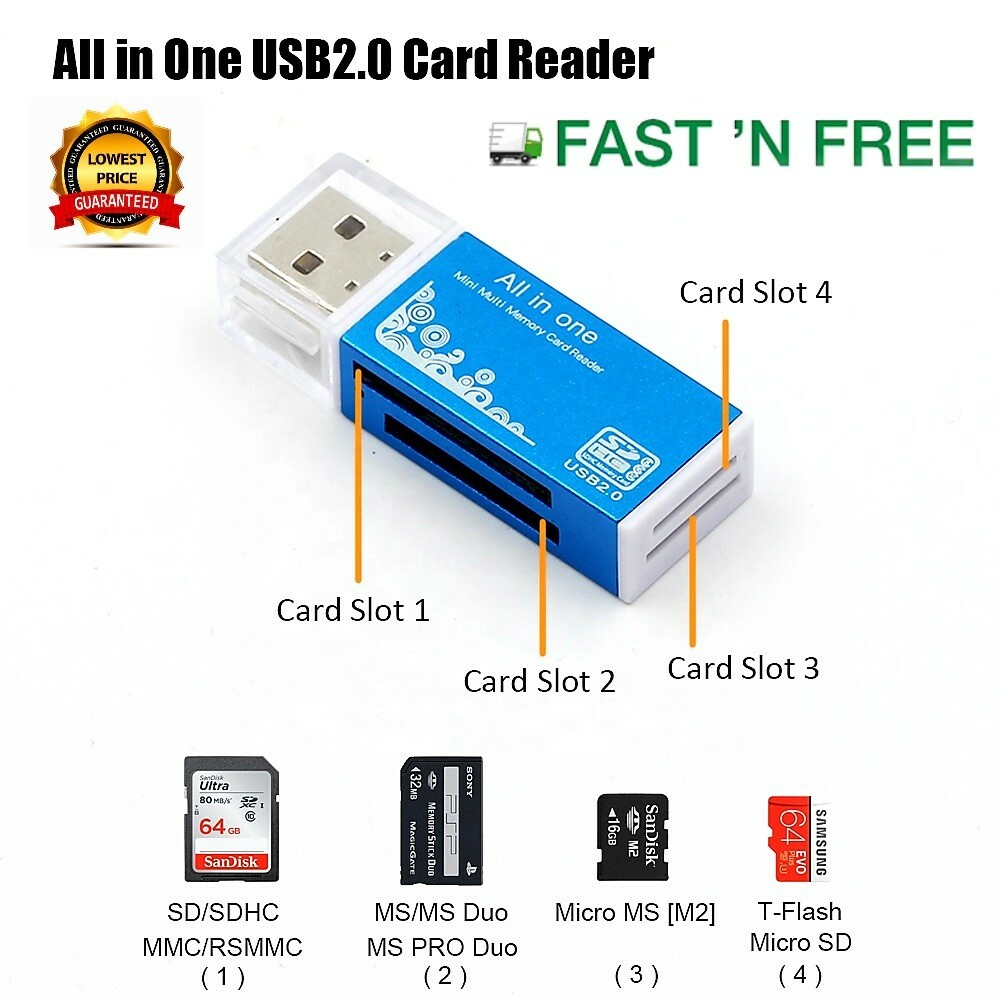 All In One Aluminium Multi Card Reader SDHC SDXC Micro SD Memory Stick 2.0 Flash