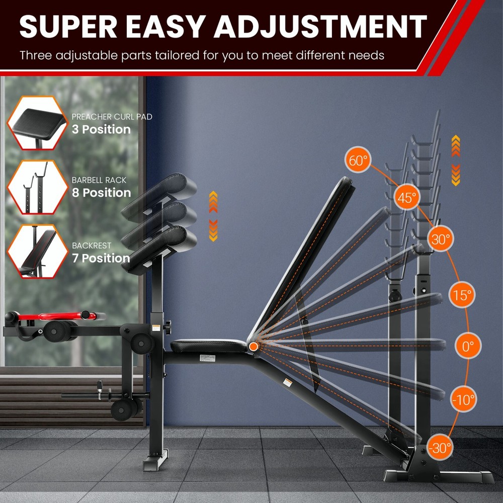 Adjustable Weight Bench, 900LBS Multi-functional Bench Press Set with Squat Rack