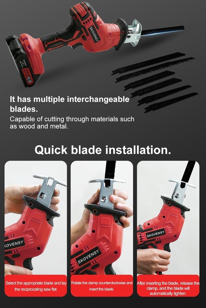 Cordless Reciprocating Saw, 2.0Ah Battery x2, Variable Speed, Red