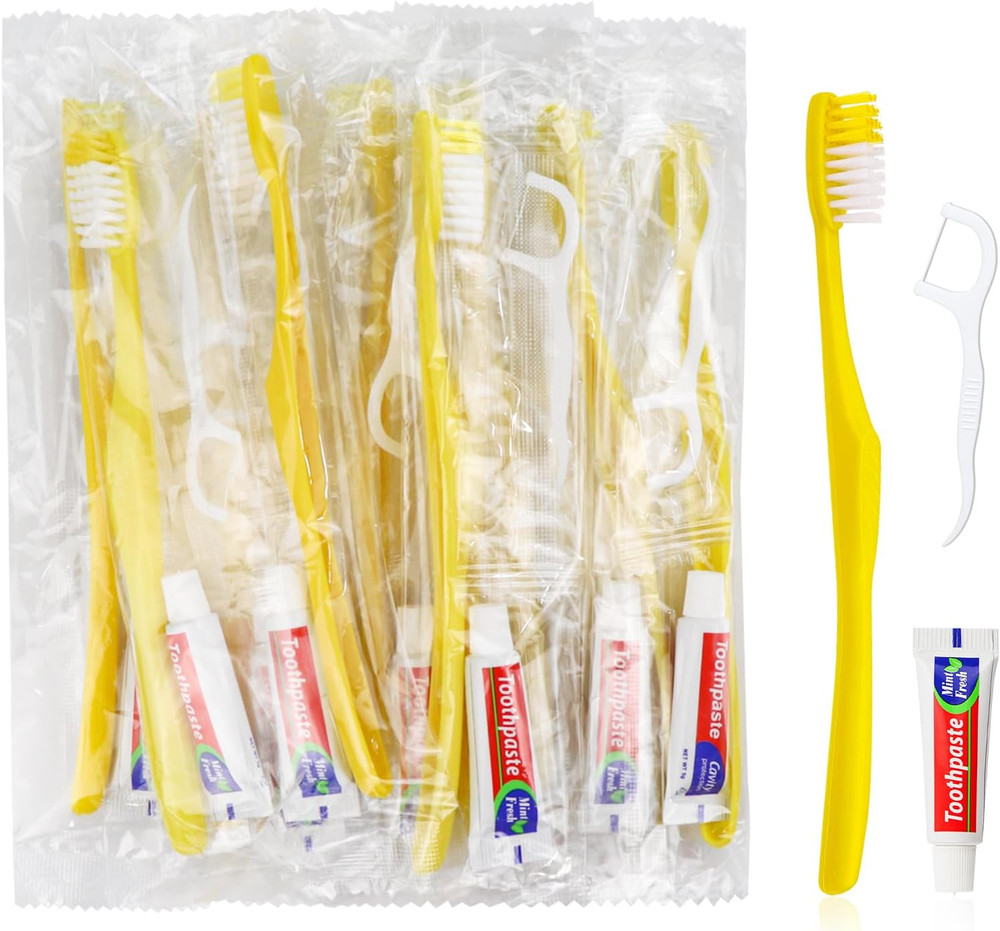50 Pcs Disposable Toothbrushes with Toothpaste and Floss,Yellow Bulk Single Use
