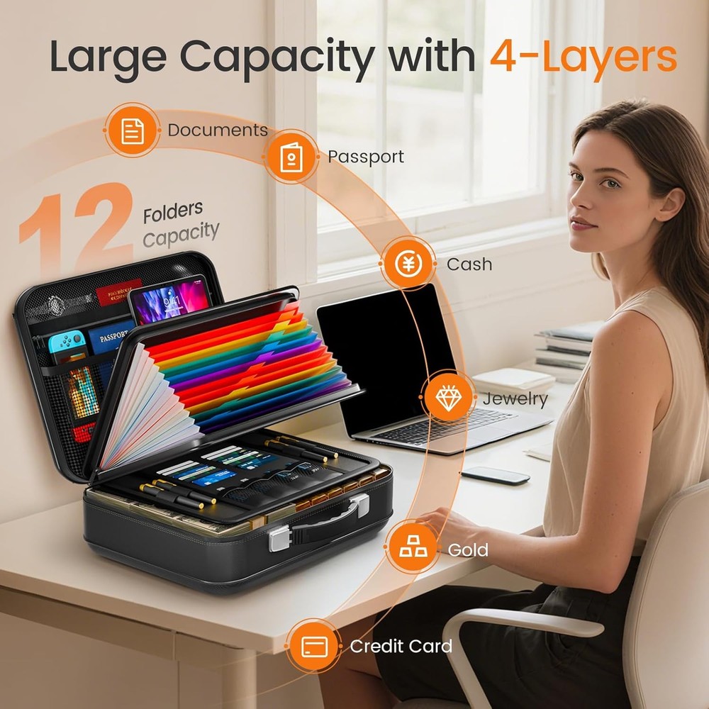 Fireproof Document Box with Lock 5200°F Fireproof Water Resistant Hard Case File