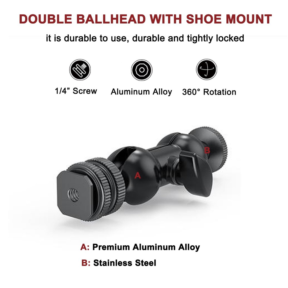 Lanxire Mini Magic Arm Multi-Function Double Ball Head with 1/4" Small, Black