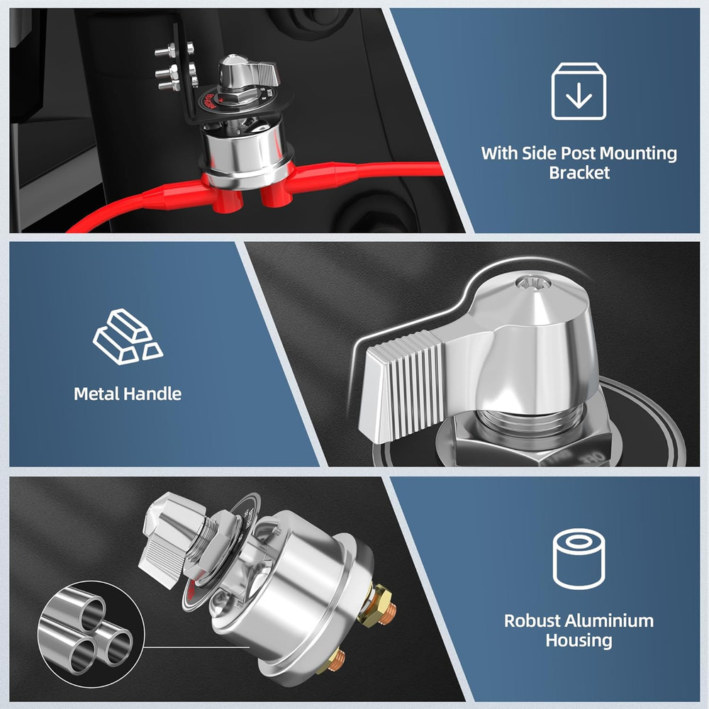 12V Battery Disconnect Switch with Side Post Mounting Bracket, 200A High Current