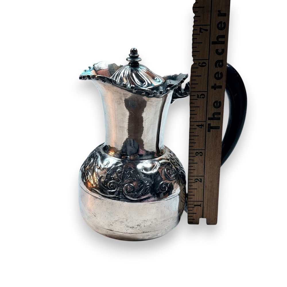 Antique Silverplate Hinged Lid Pitcher, Ornate Victorian Style, Black Handle