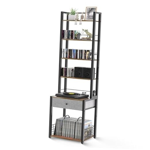 CD Storage Rack, 6-Tier DVD Organizer Shelf with Drawer & Adjustable Book