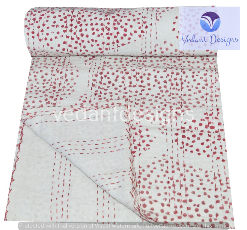 Handmade Block Print Kantha Embroidery Twin/Single Blanket Throw Bedspread