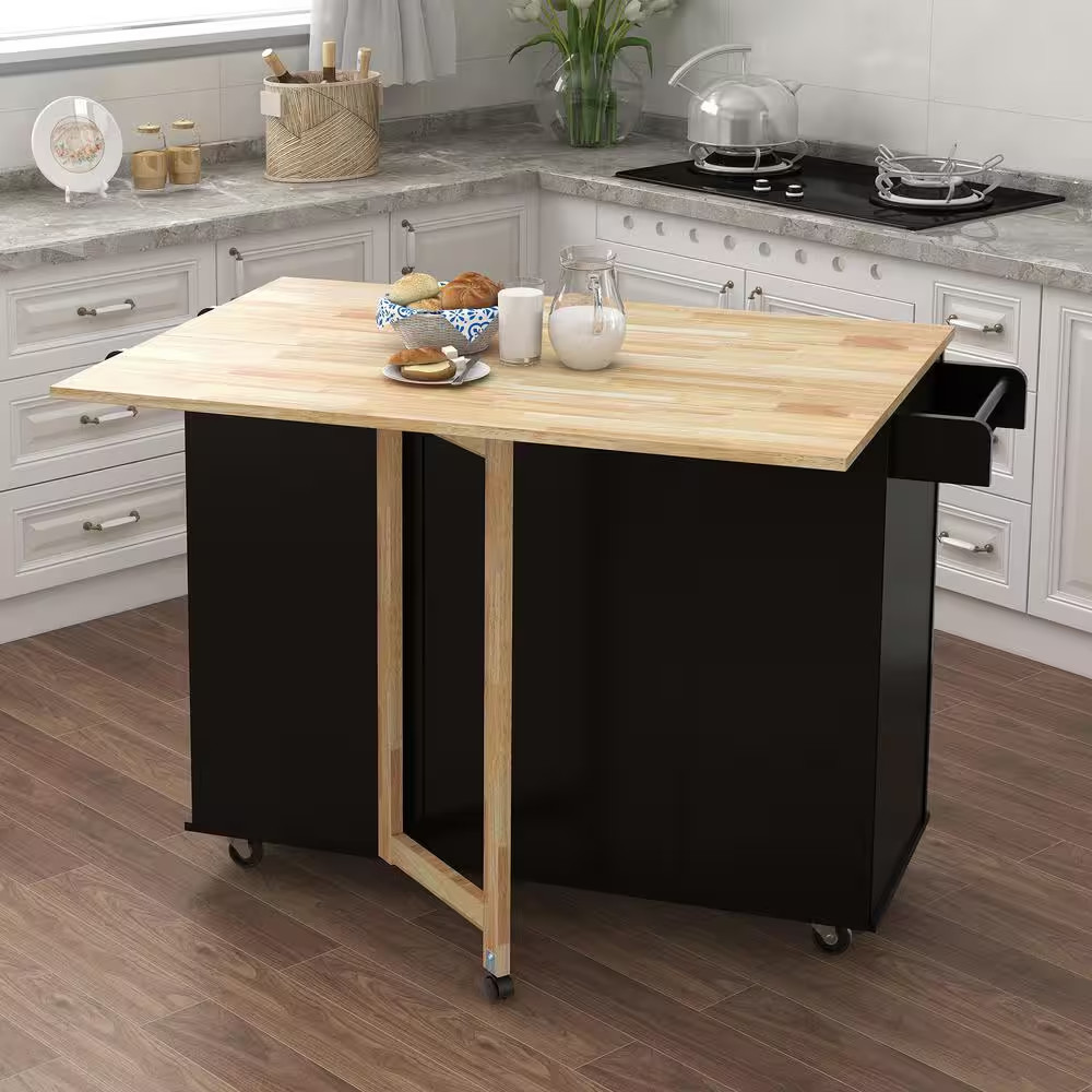 Black Kitchen Island with Spice Rack Towel Rack and Extendable Solid Wood Tablet