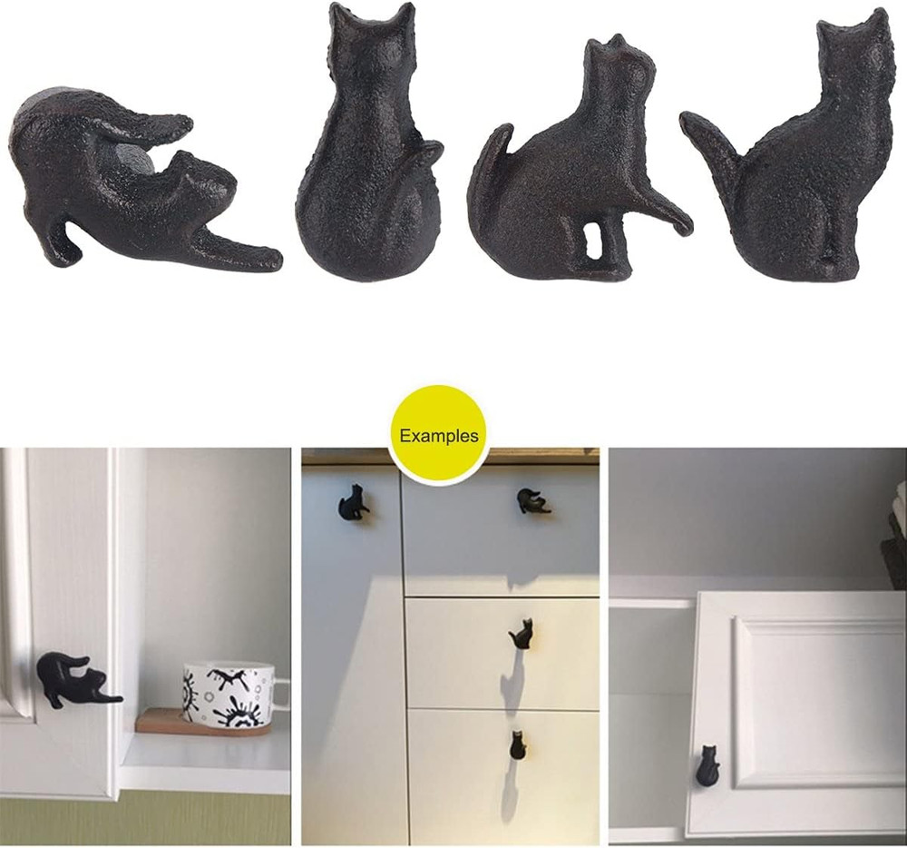 Set of 4 Cat Shape Iron Drawer Pulls Knobs for Cabinet Wardrobe Cupboard