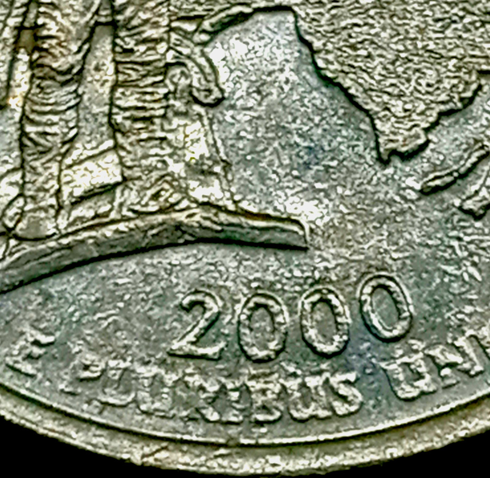 2000 D Massachusetts State Quarter with striking errors, Doubling on Letters.