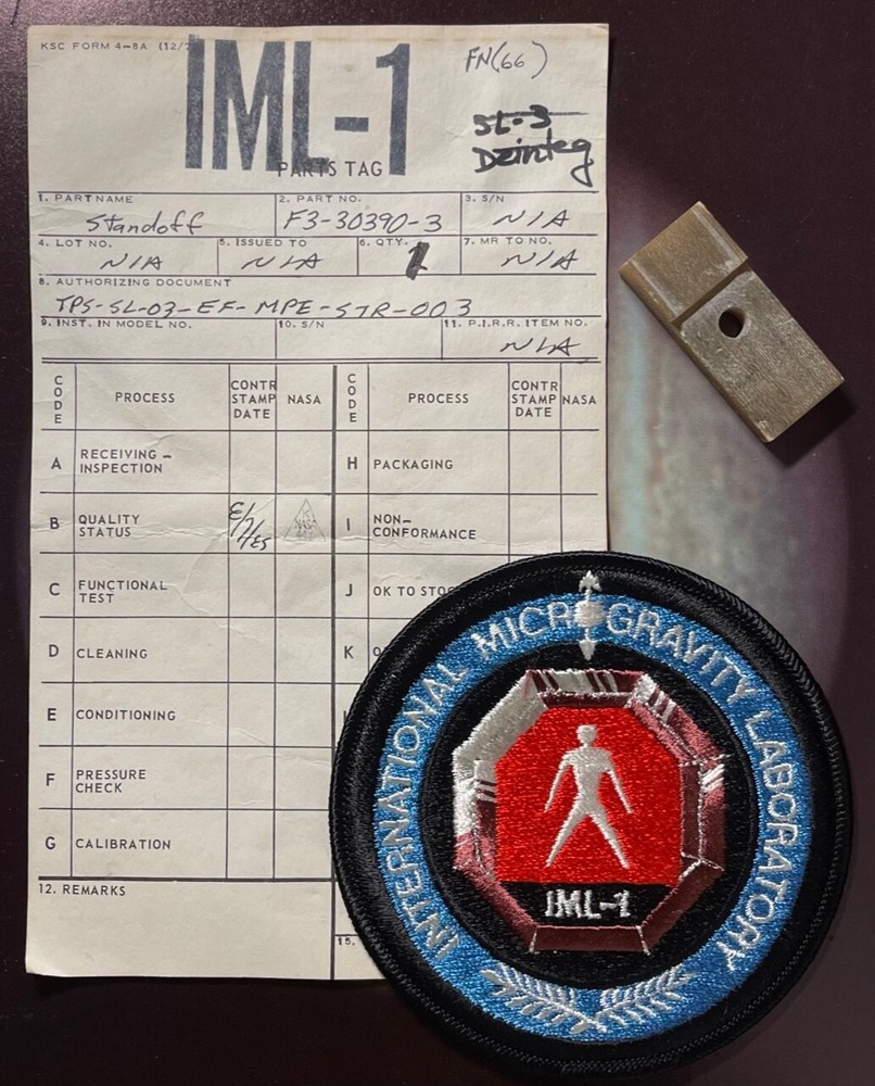 SPACE SHUTTLE PROGRAM 1985 IML-1 OBSOLETE SPARE PART STANDOFF W/ TAG & PATCH