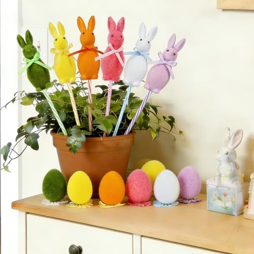 6 PCS Flocked Easter Bunnies Decors Set with 6 Colorful Eggs & Stakes, Rabbits