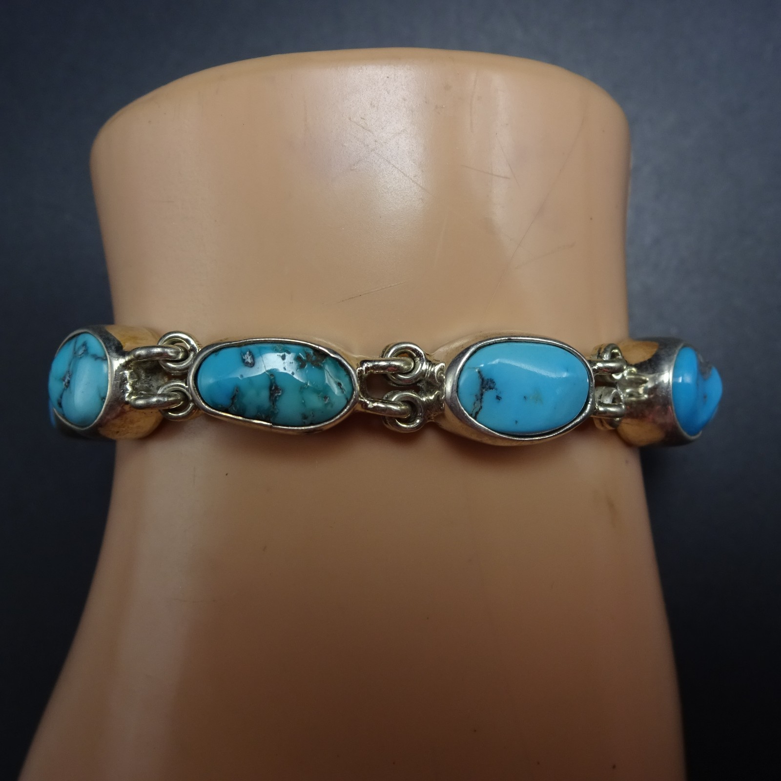 FEDERICO JIMENEZ Sterling Silver TURQUOISE Link Bracelet Gorgeous Natural Cabs
