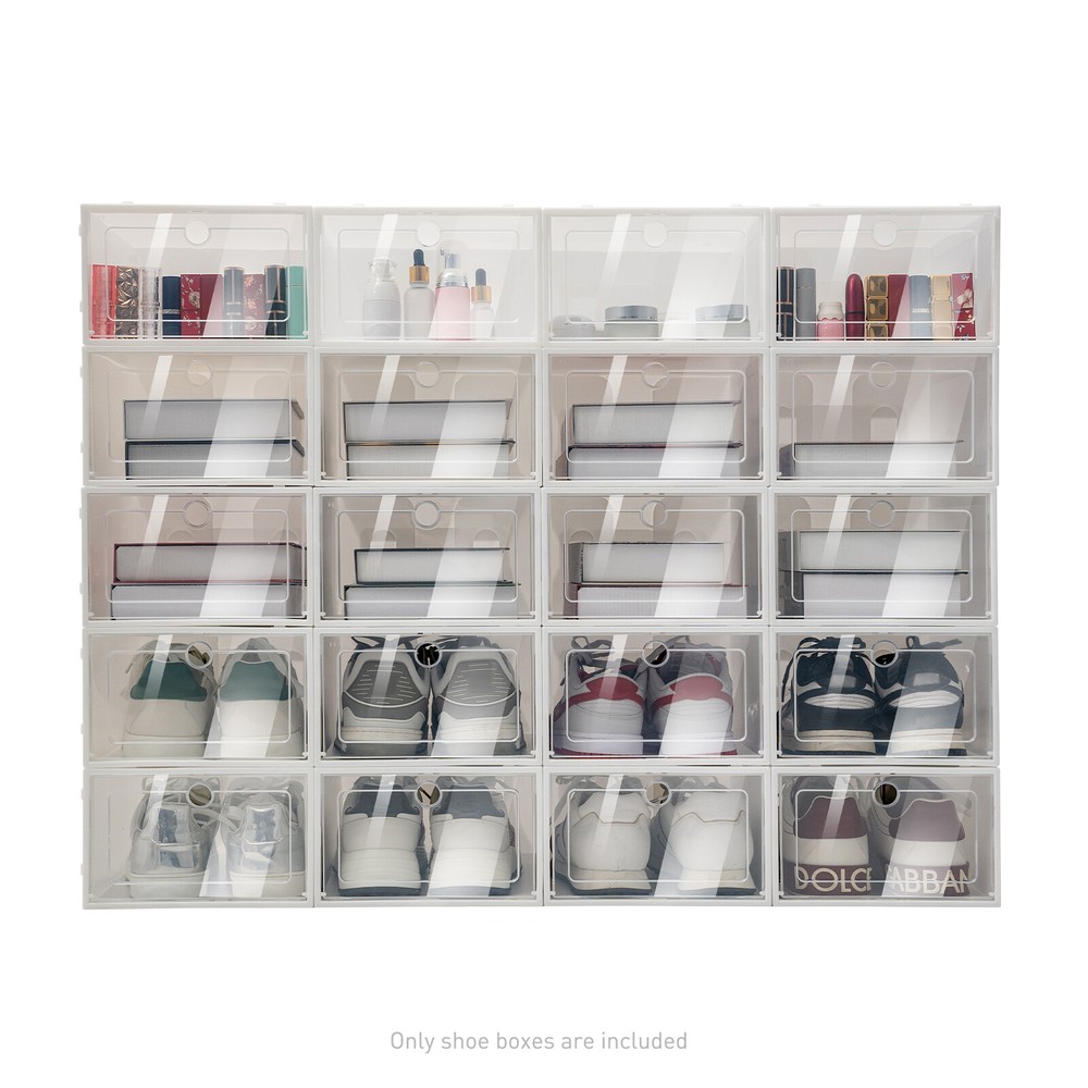 20pc Large Plastic Shoe Storage Boxes Drawer Stackable Foldable Organiser Clear