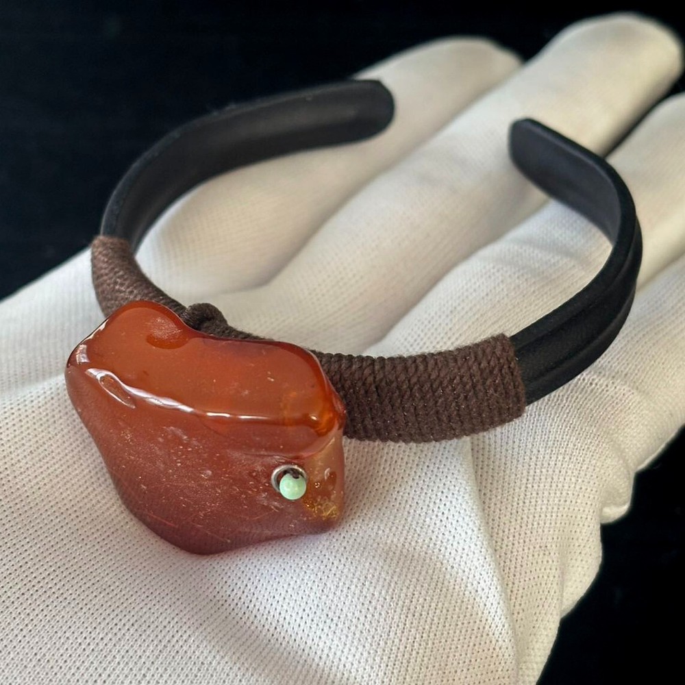 Wine Red Natural Baltic Amber Cuff Bracelet, Leather Bangle Size adjustable