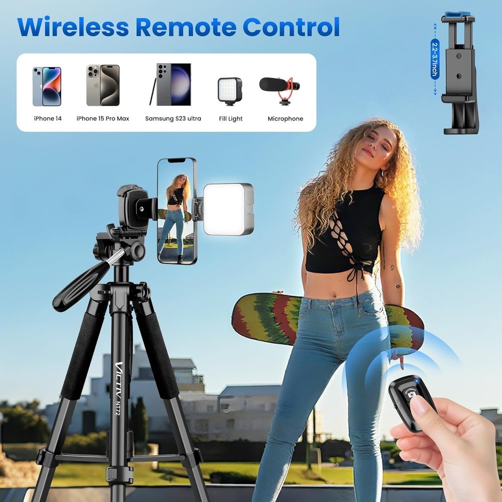 Lightweight Camera Tripod Stand, 72" Tall, Remote, Compact