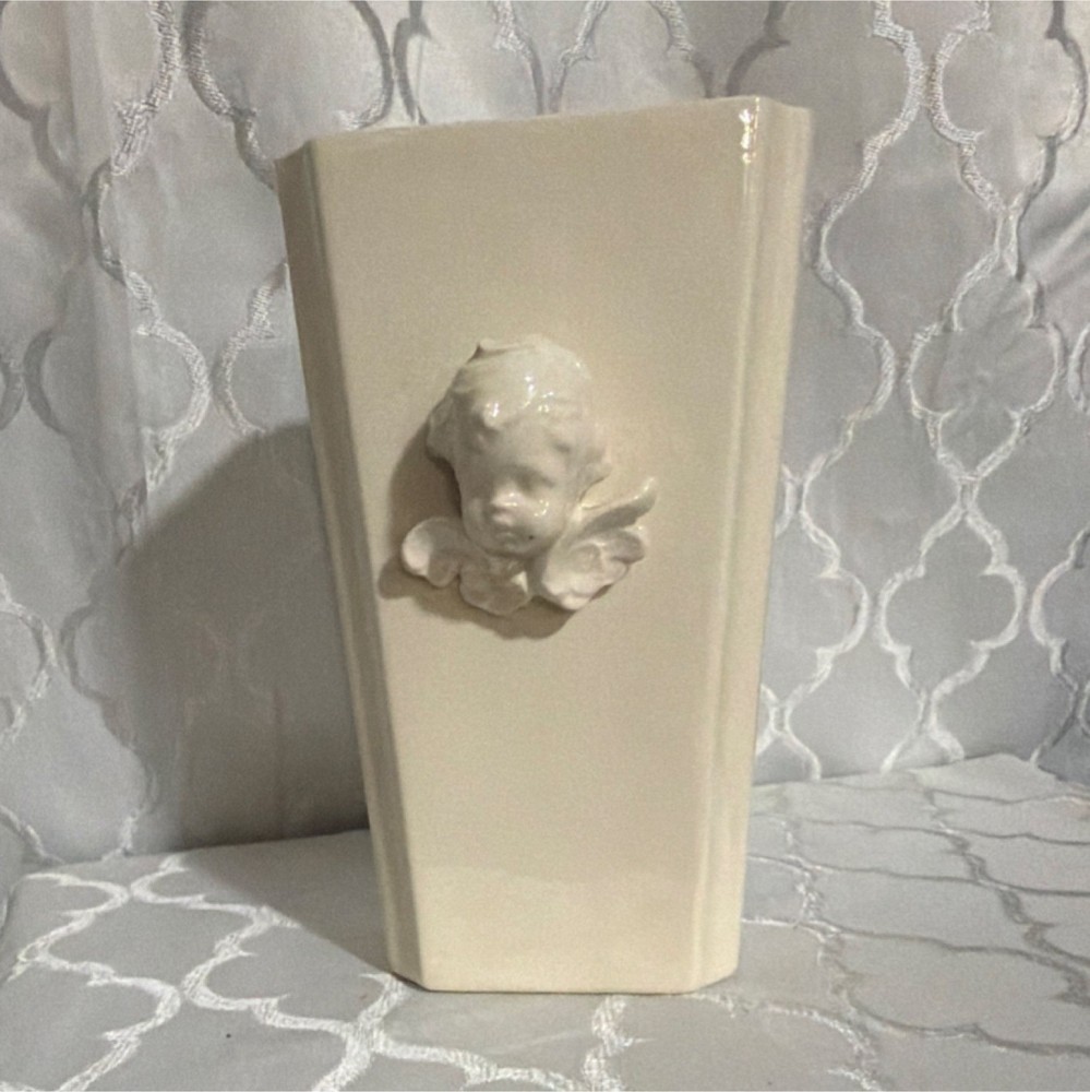 White Ceramic Angel Relief Decorative Vase Glossy Solid Pottery