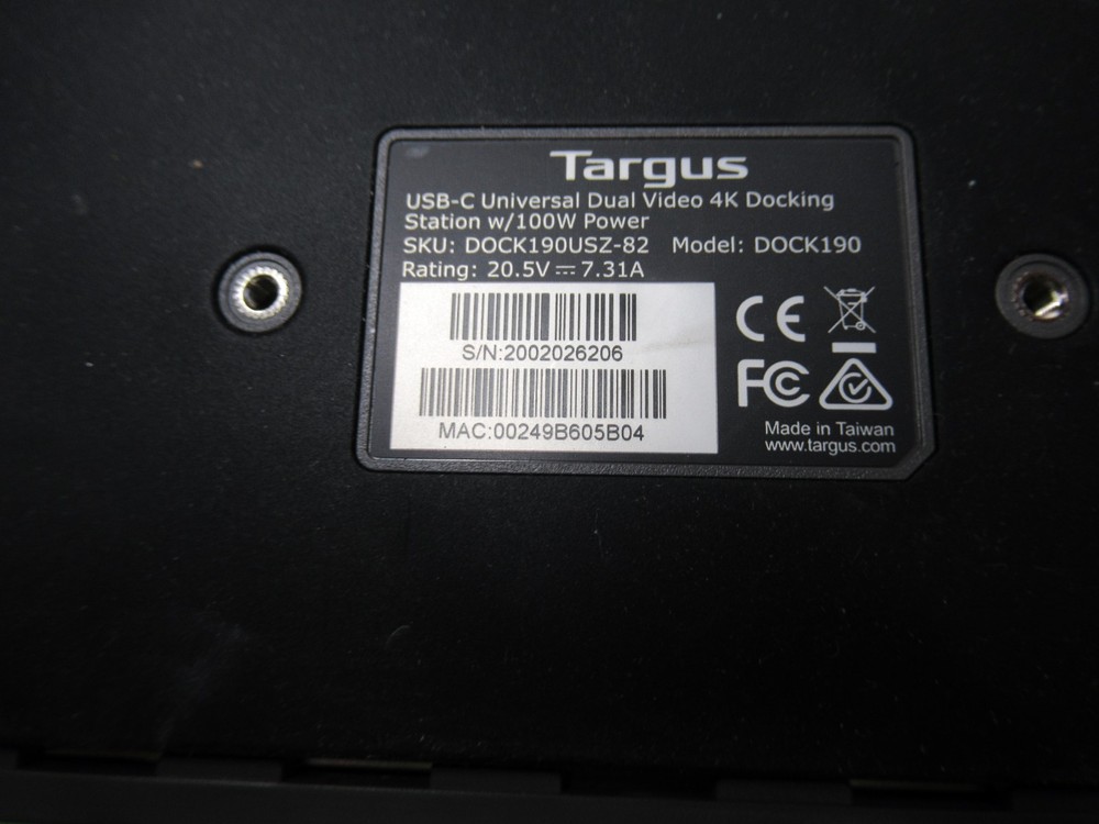 Targus Dock190 USB-C Universal Dock 4K Display No Power Adapter