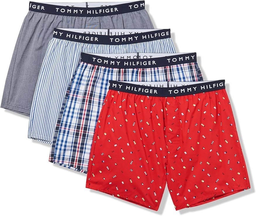 TOMMY HILFIGER Mens Woven Boxers 4 Pack S M L XL Blue 100% Soft Cotton Elastic