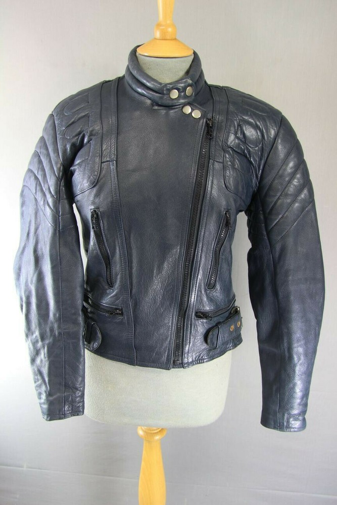 CLASSIC DARK BLUE LEATHER BIKER JACKET SIZE 12