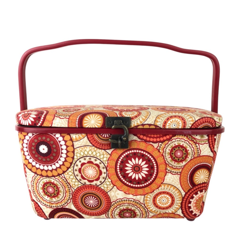 Dritz St Jane Sewing Basket Medium Rectangle Red Orange Circles Fabric Covered