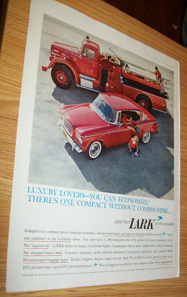1960 Studebaker Lark coupe large mag car ad - w/ fire engine