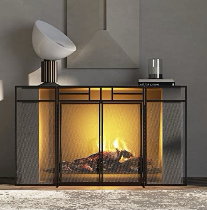 3-Panel Folding Fireplace Screen with Magnetic Hinged Doors, Solid Wrought Iron