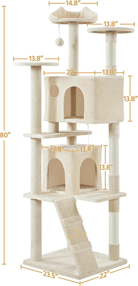 XL Cat Tree, 80In Multi-Level Cat Tower W/Cat Scratching Posts, Double Cat Condo