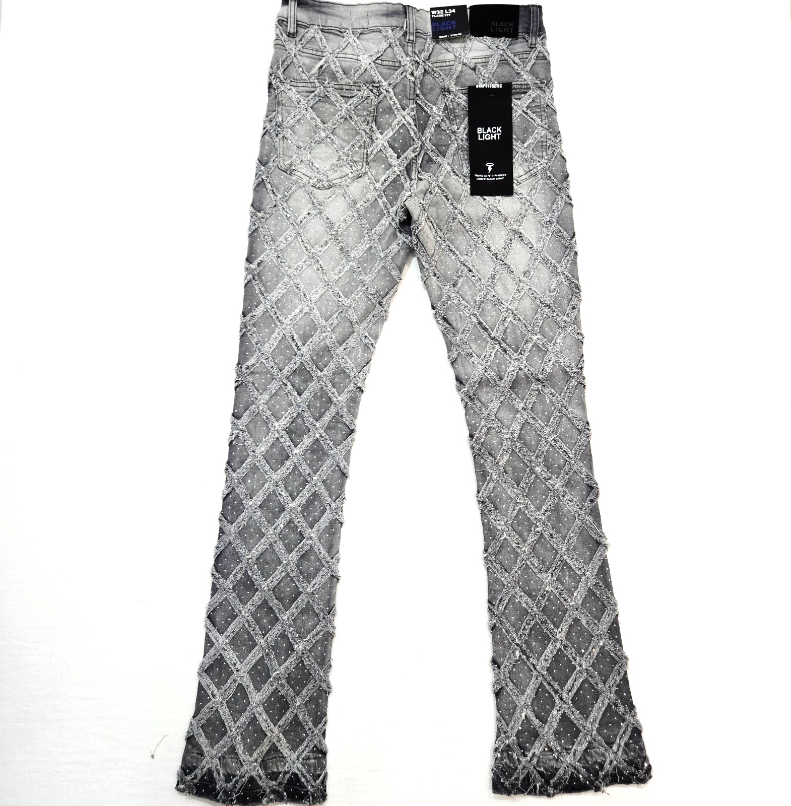 Black Light Men Jeans Stretch Slim Straight Flare Fit Grey Denim with Rhinestone