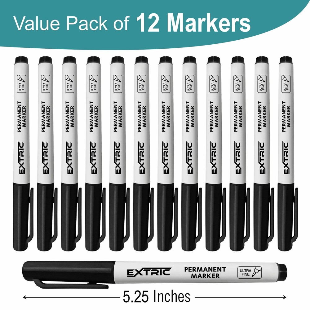 12 PCS Black Permanent Markers Ultra Fine Tip Quick Drying Waterproof