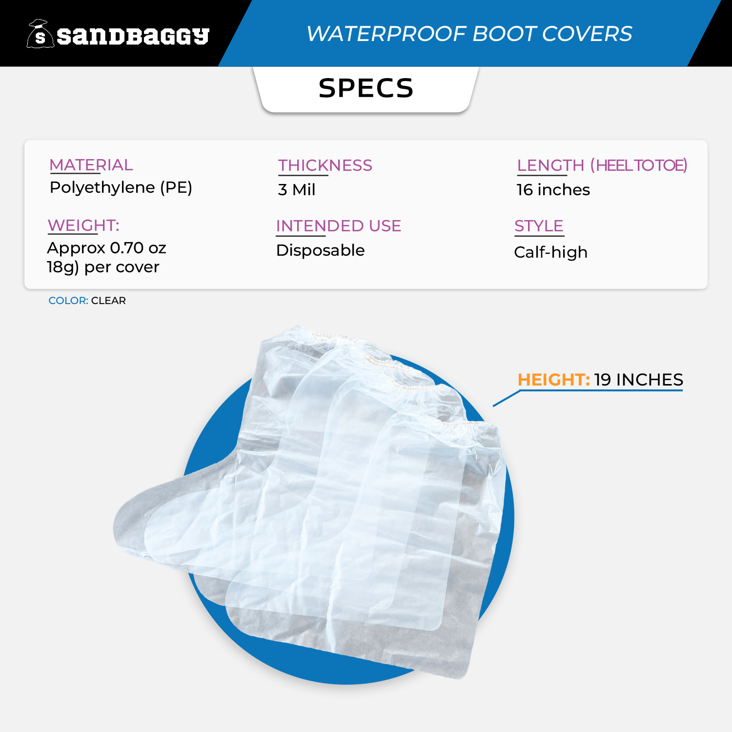 Sandbaggy Waterproof Boot/Shoe Covers - 19" Tall, 3 Mil Disposable (Clear)