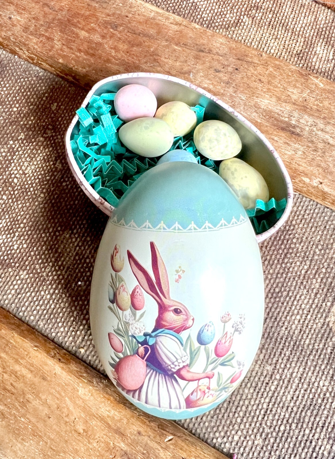 TWO Easter Egg Tins. 2 fillable Metal Easter Eggs with Vintage Graphic
