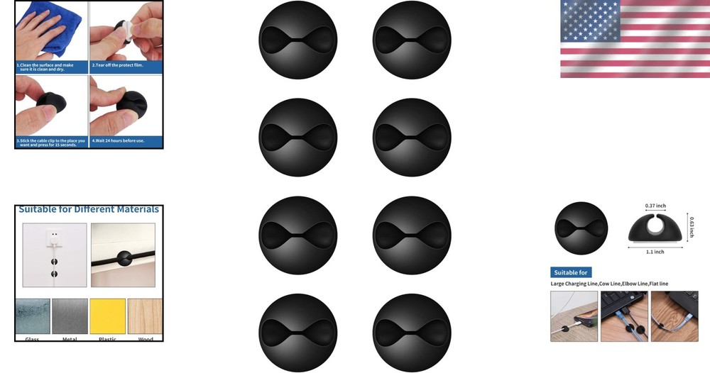 Compact Adhesive Cable Clips - 8 Pack for Effortless Cord Management Solutions