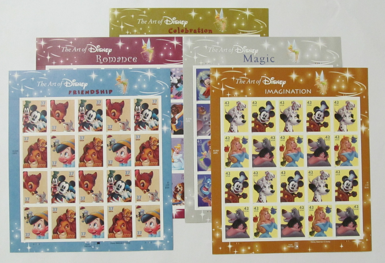 THE ART OF DISNEY Complete Set of 5 Differnt Full Sheets of 20 US Stamps 2004-08