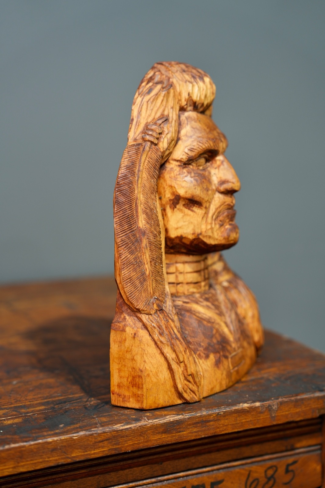 Vintage Cigar Store Indian Countertop Display Wood Bust Head Statue
