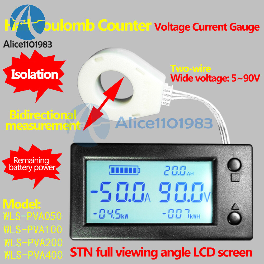 DC 0-300V 50A/100/200/400A LCD Hall Effect Coulometer Voltmeter Ammeter Sensor