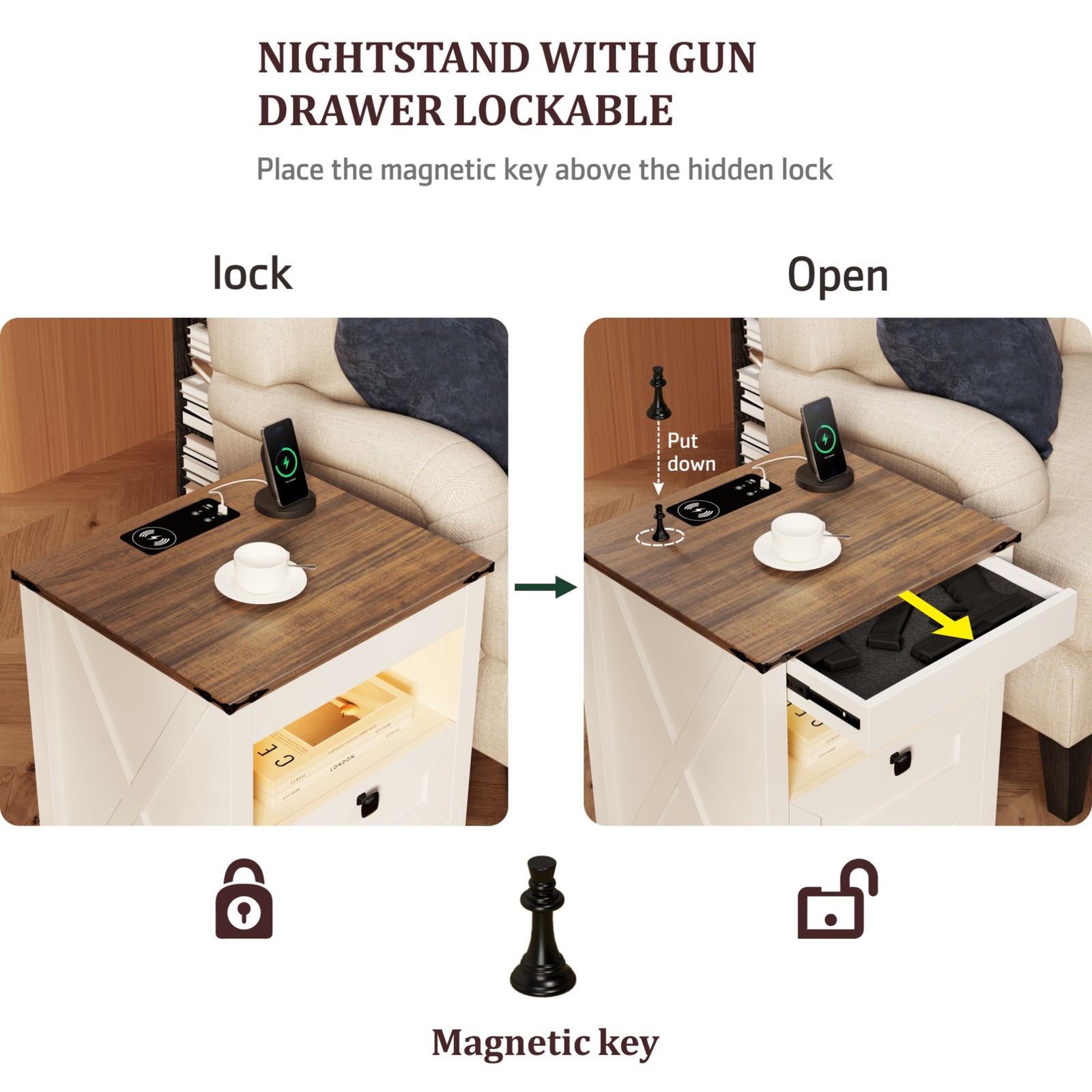 Night Stand with Gun Drawer, Bedside Table with Charging Station and LED Lights