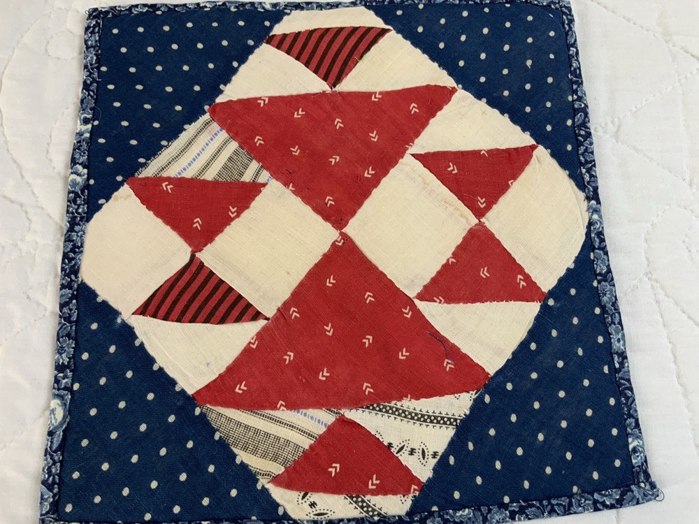 Antique Vintage Patchwork Quilt Table Topper, Four Patch W/ Triangles, Red, Navy