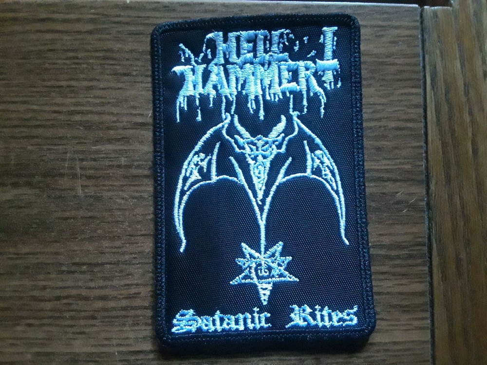HELL HAMMER satanic rites,SEW ON WHITE EMBROIDERED PATCH