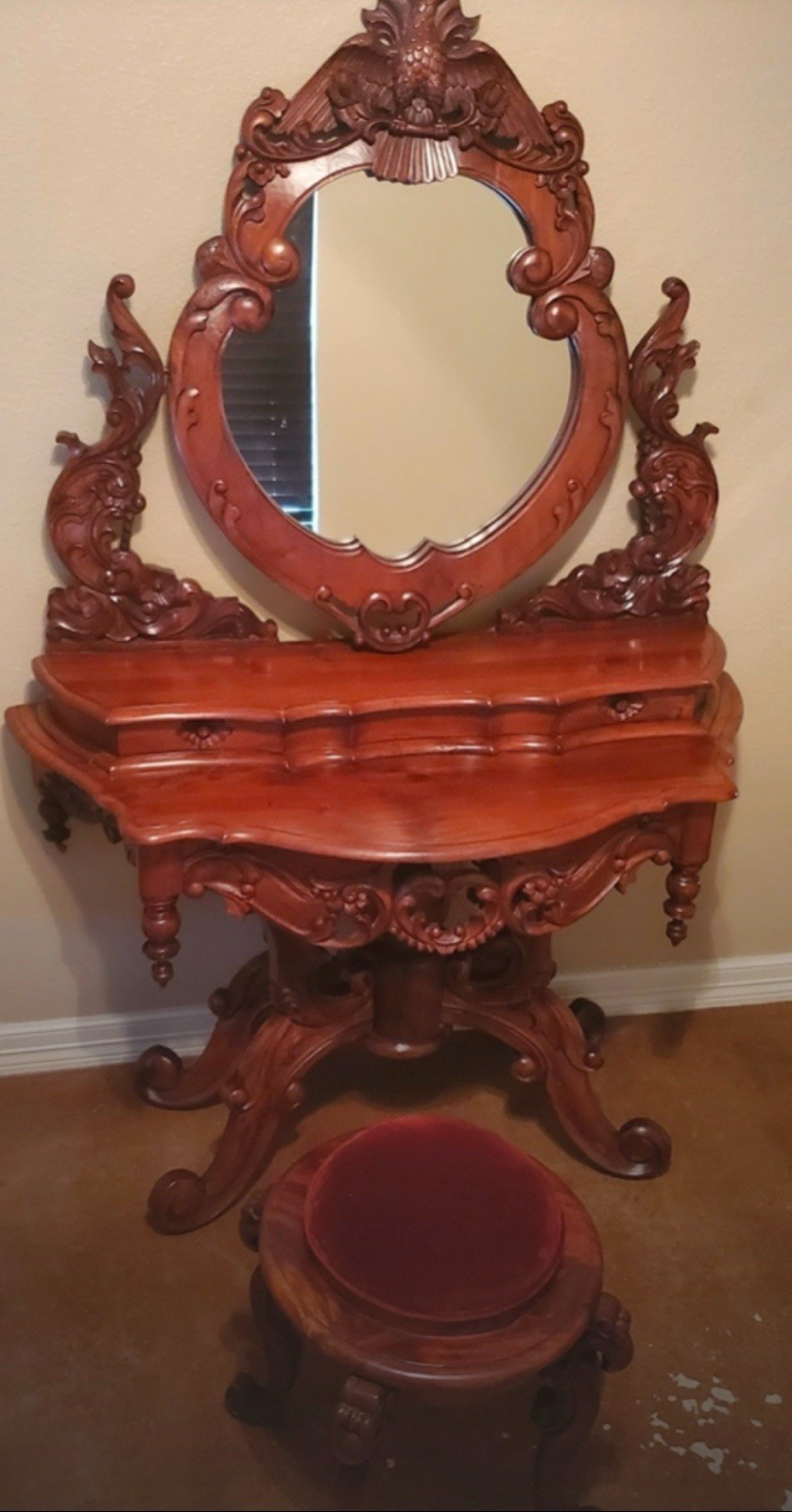 Turn-Of-The-Century Hand Carved Antique Vanity With Stool