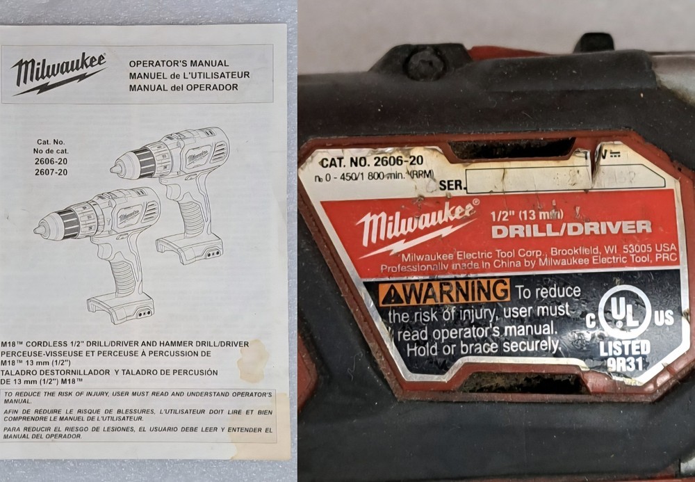 Milwaukee 2606-20 1/2" Cordless Drill/Driver Kit Case Bits Manual Tool Only Work