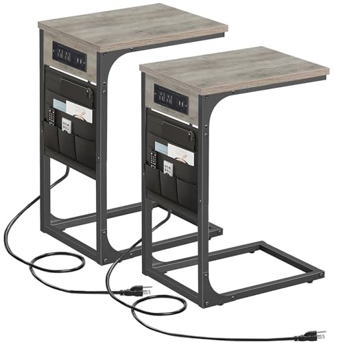 C Shaped End Table with Charging Station, Side Table for Sofa, Couch 2 Greige