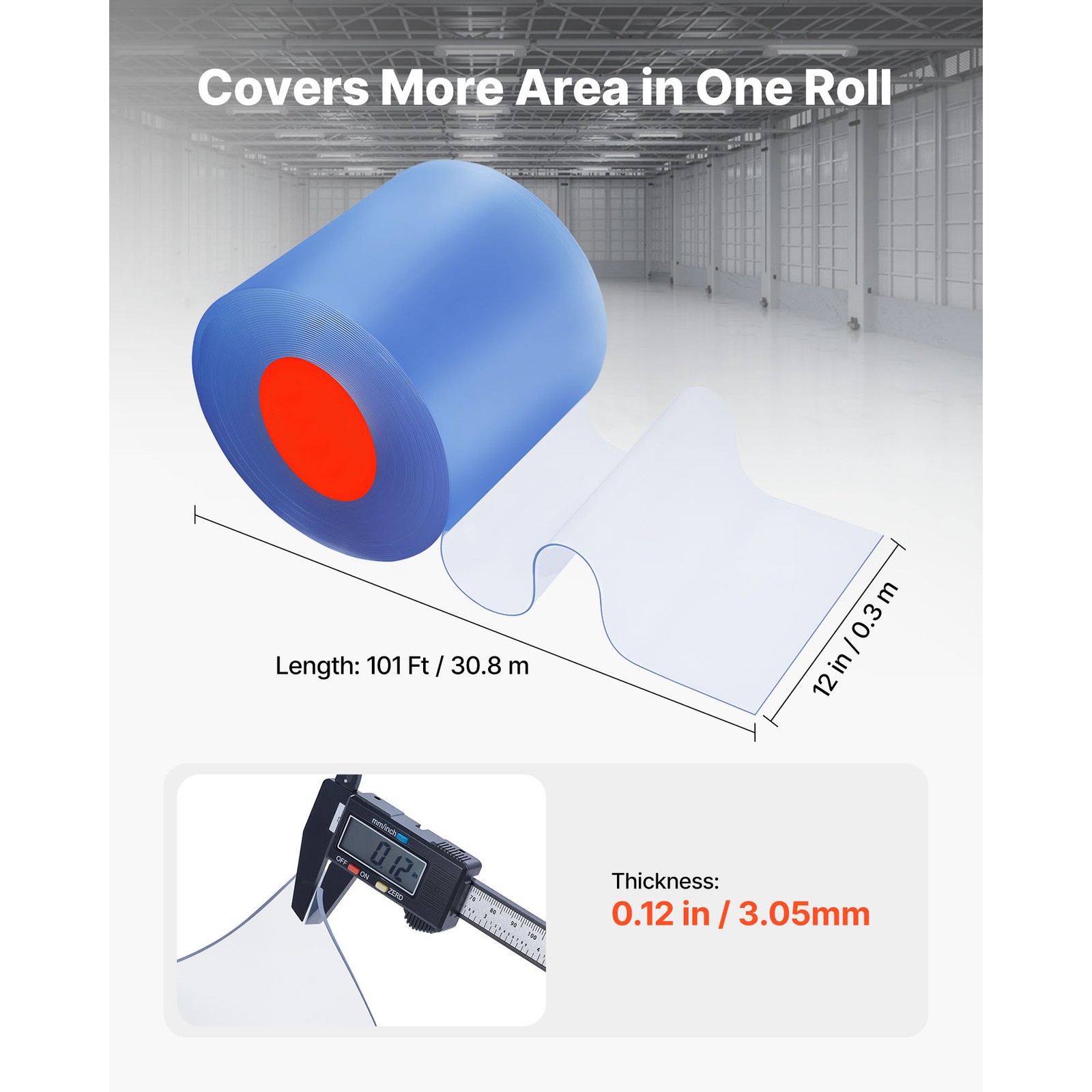 Uimoso PVC Strip Curtain Roll 101 ft x 12 in for Doorway Applications