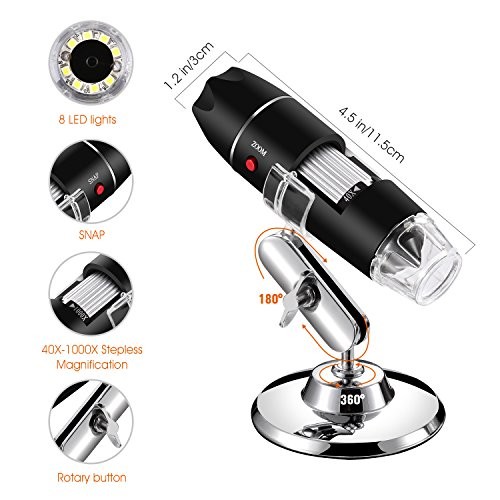 USB Digital Microscope, Handheld 40X-1000X Magnification Endoscope, 8 LED