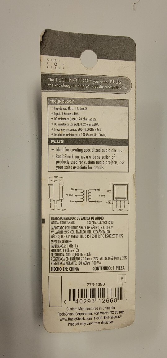 Radio Shack Miniature Audio Output Transformer 273-1380