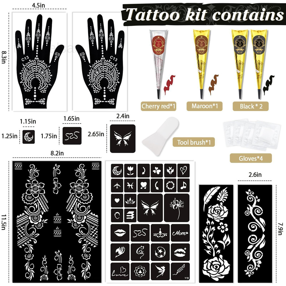 Temporary Stencils Tattoos Multiple Sizes, 4P-Red1 Black2 Maroon1
