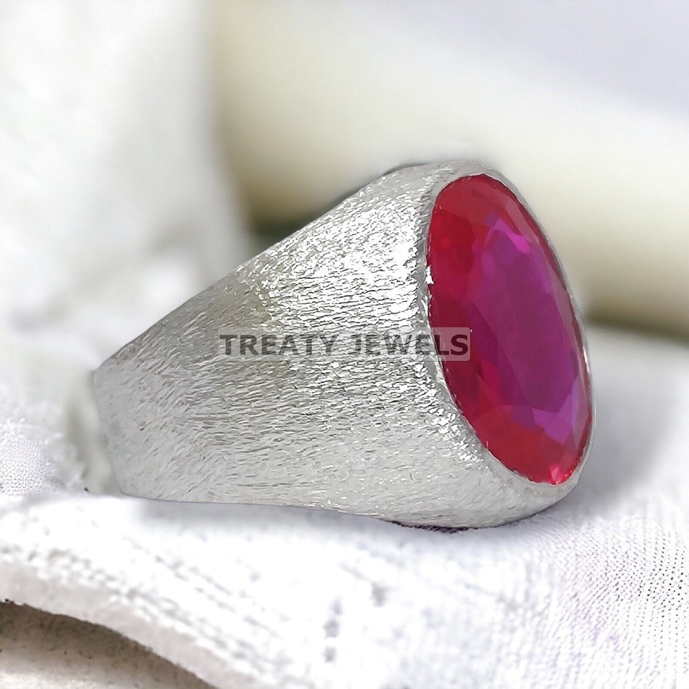 Ruby Oval Cut Gemstone With 14K Solid White Gold Ring For Men's #A17