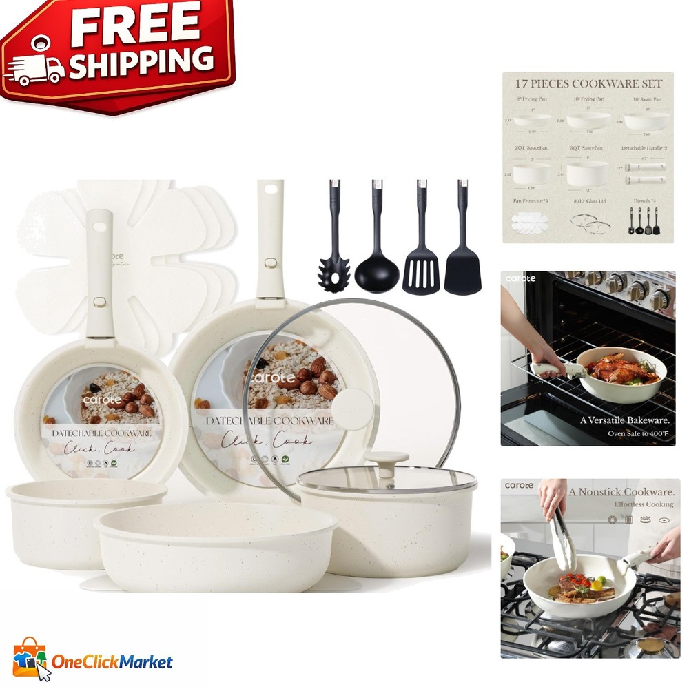 Versatile Induction Cookware - 17-Piece Nonstick Set with Space-Saving Handles