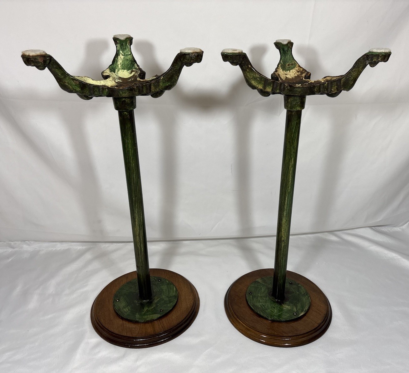 Antique Vintage Painted Green Cast Iron & Walnut? Wood Top Pedestal Plant Stand