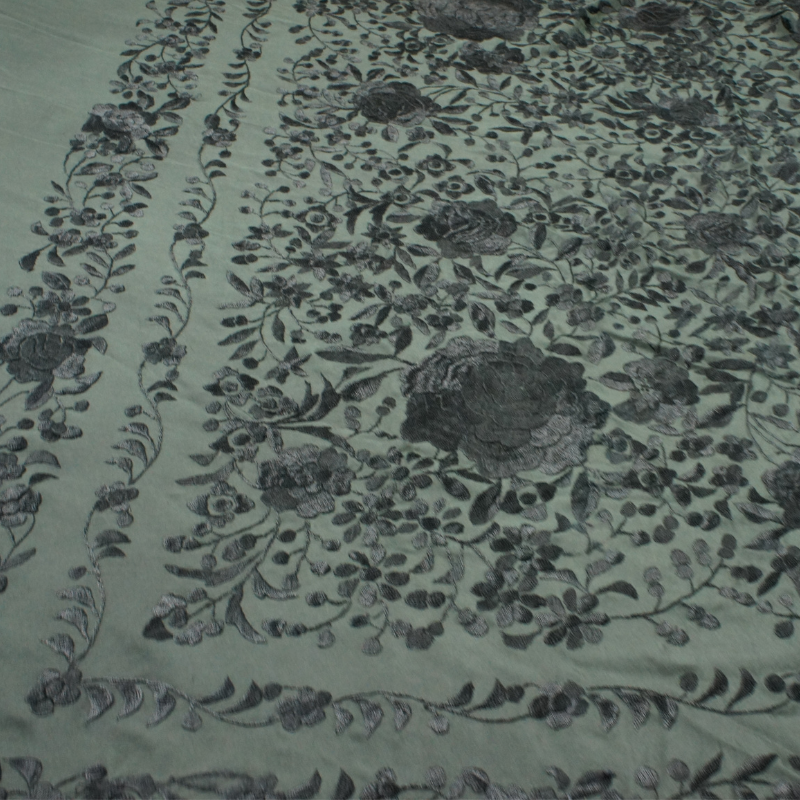 Antique Silk Shawl Wrap Piano Scarf HAND EMBROIDERED FLORAL WITH FRINGE 51"inch